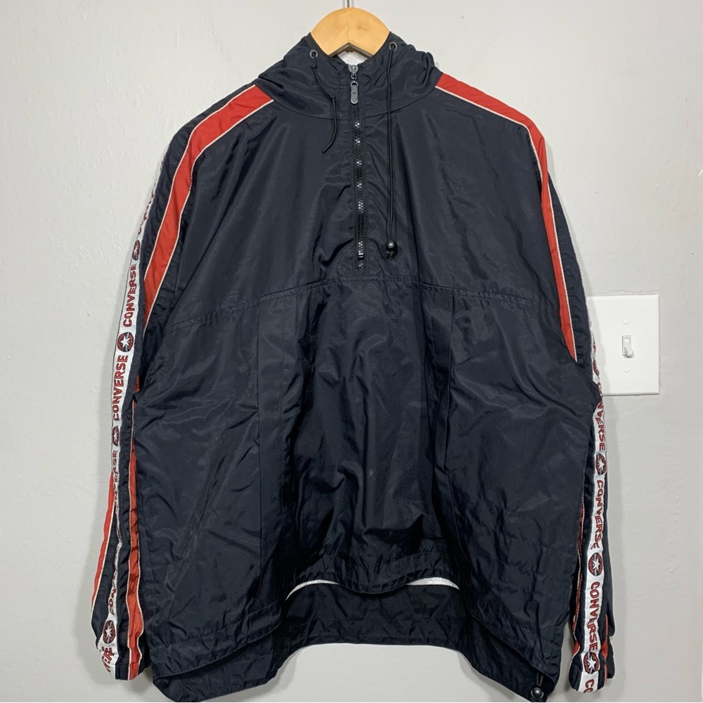 Vintage 90s Converse Black Hooded Quarter Zip Pullover Windbreaker Jacket Sz XL